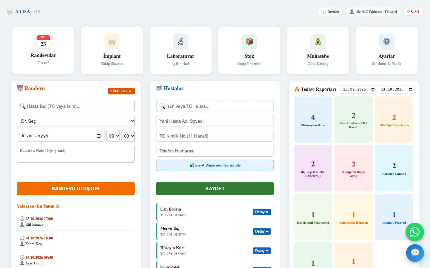 AIDA main panel: module cards, quick appointment, patient list and treatment reports