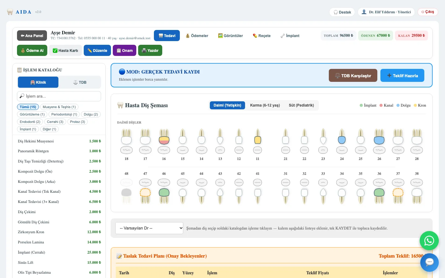AIDA patient card: balance strip, procedure catalogue and FDI tooth chart