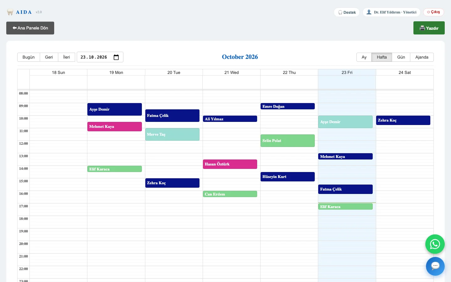 AIDA appointment calendar in week view with appointments coloured by dentist
