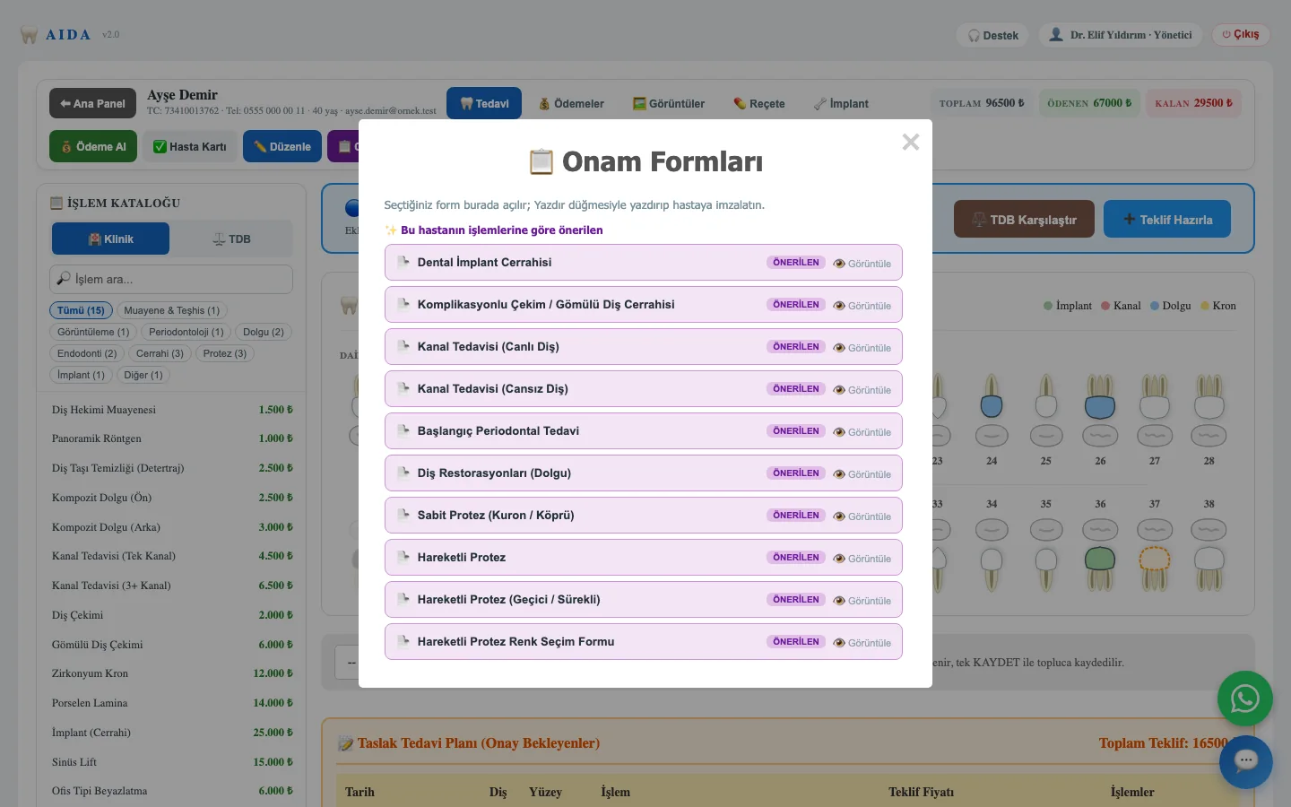 AIDA consent form catalogue with forms suggested from the patient’s procedures